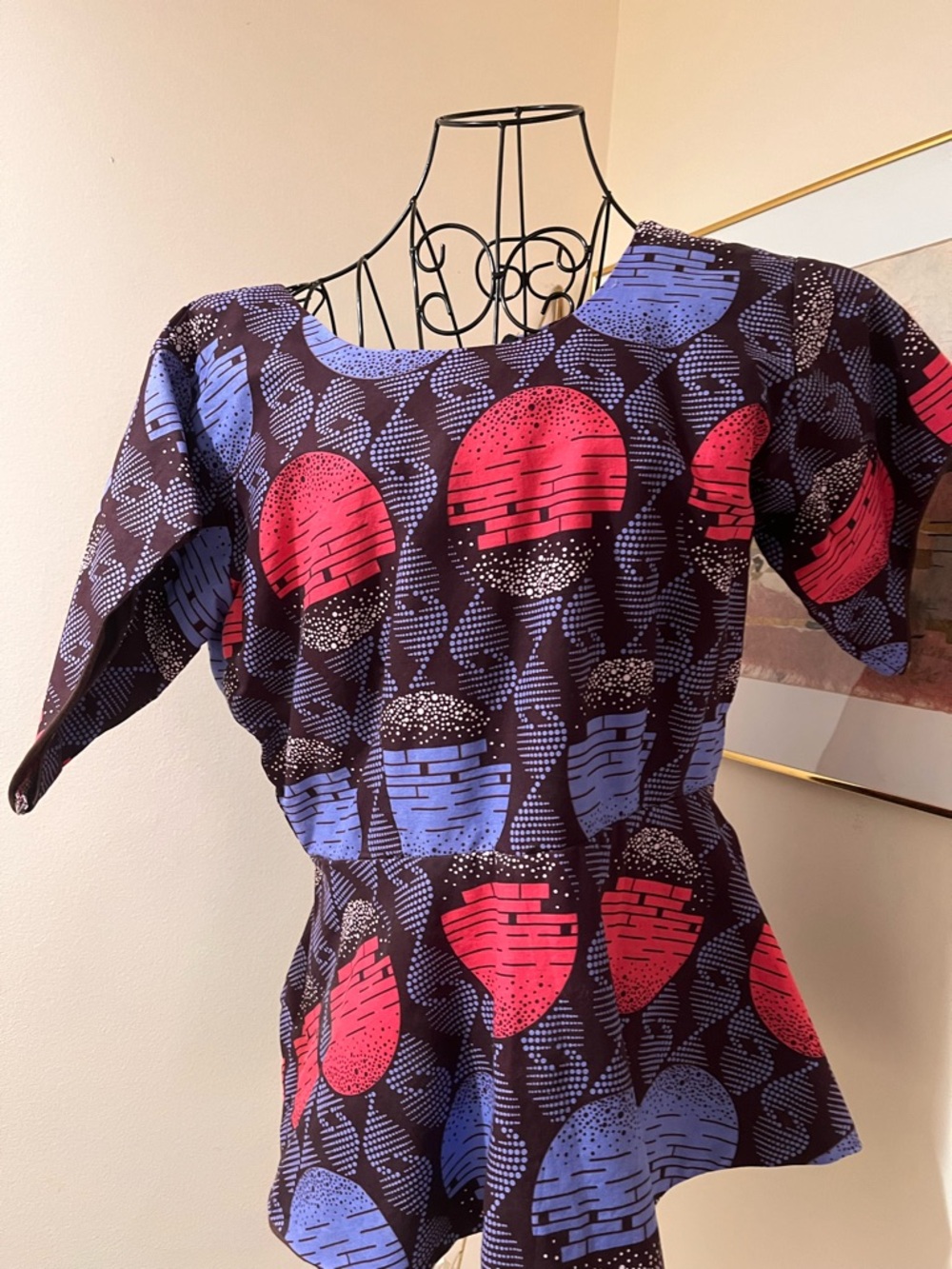 Graphic Kenyan wax fabric Dot and Stripe Print Top in Red and Blue